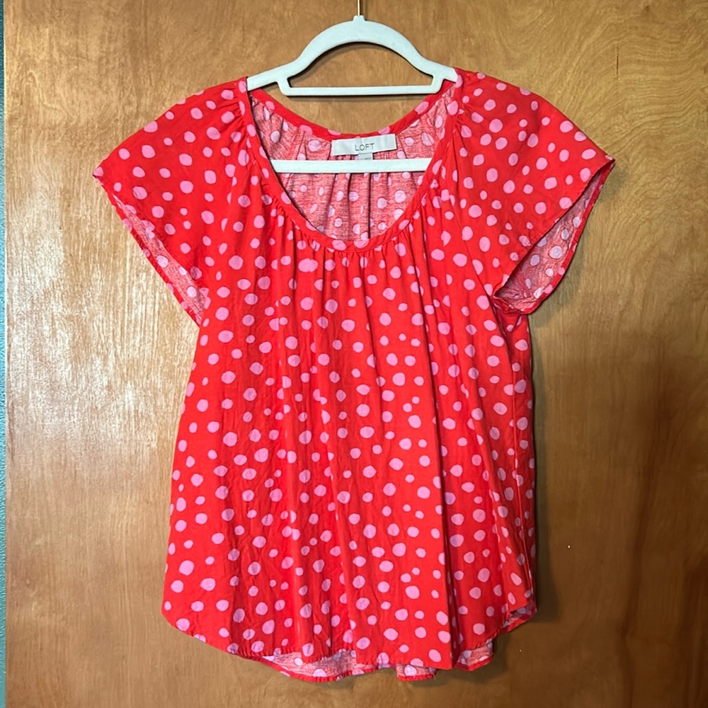 LOFT S Pink Polka Dot Blouse